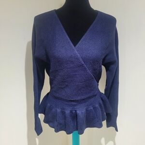 Zesica Wrap Peplum Sweater Size Medium Navy Blue Ribbed NEW